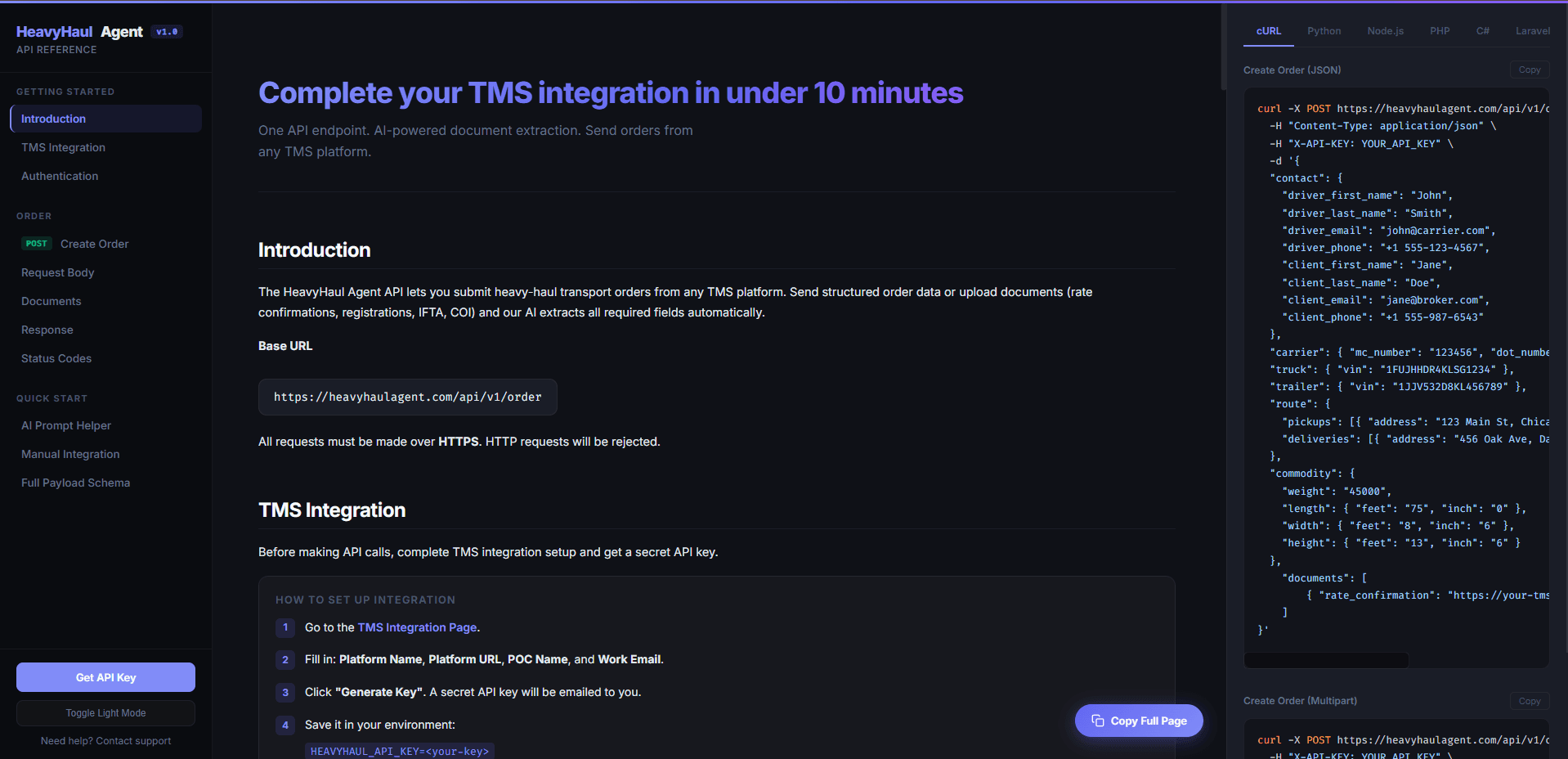 TMS API documentation with examples