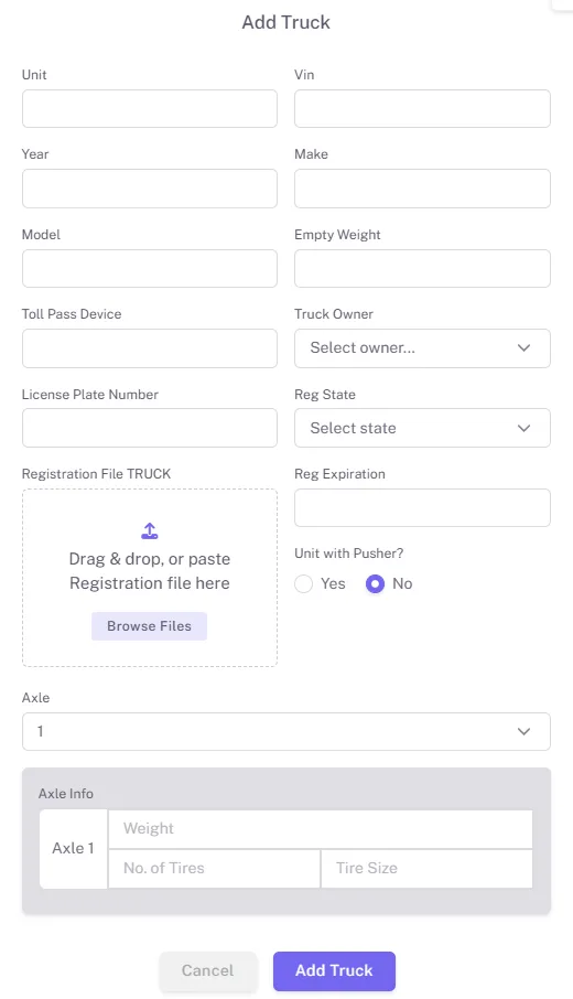Truck registration extraction form